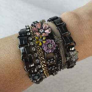 Y2K Juicy Couture Chunky 7 Strand Wide Bracelet Gunmetal Enamel Rhinestones 6.5”